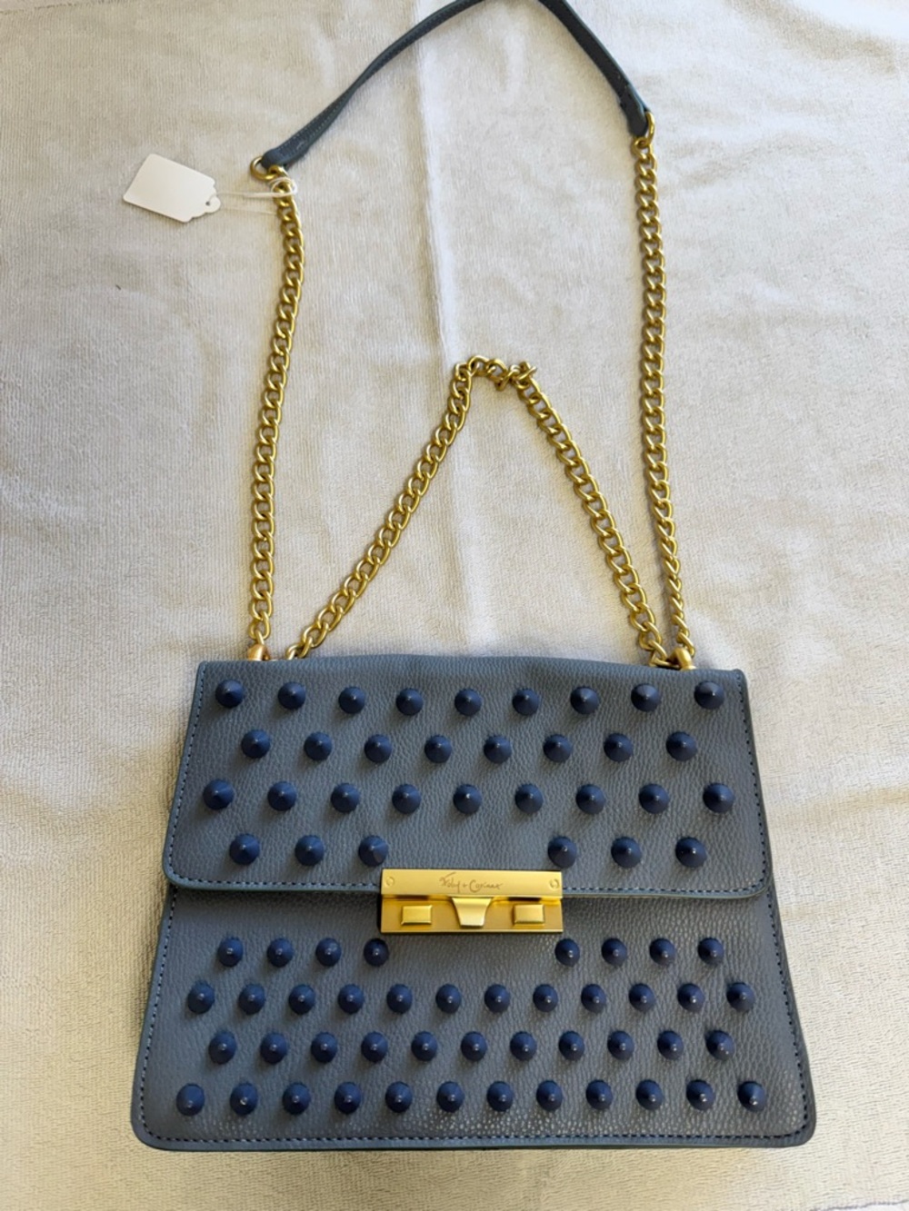 Foley + Corinna Slate Blue Studded Leather Shoulder Bag with Gold Chain